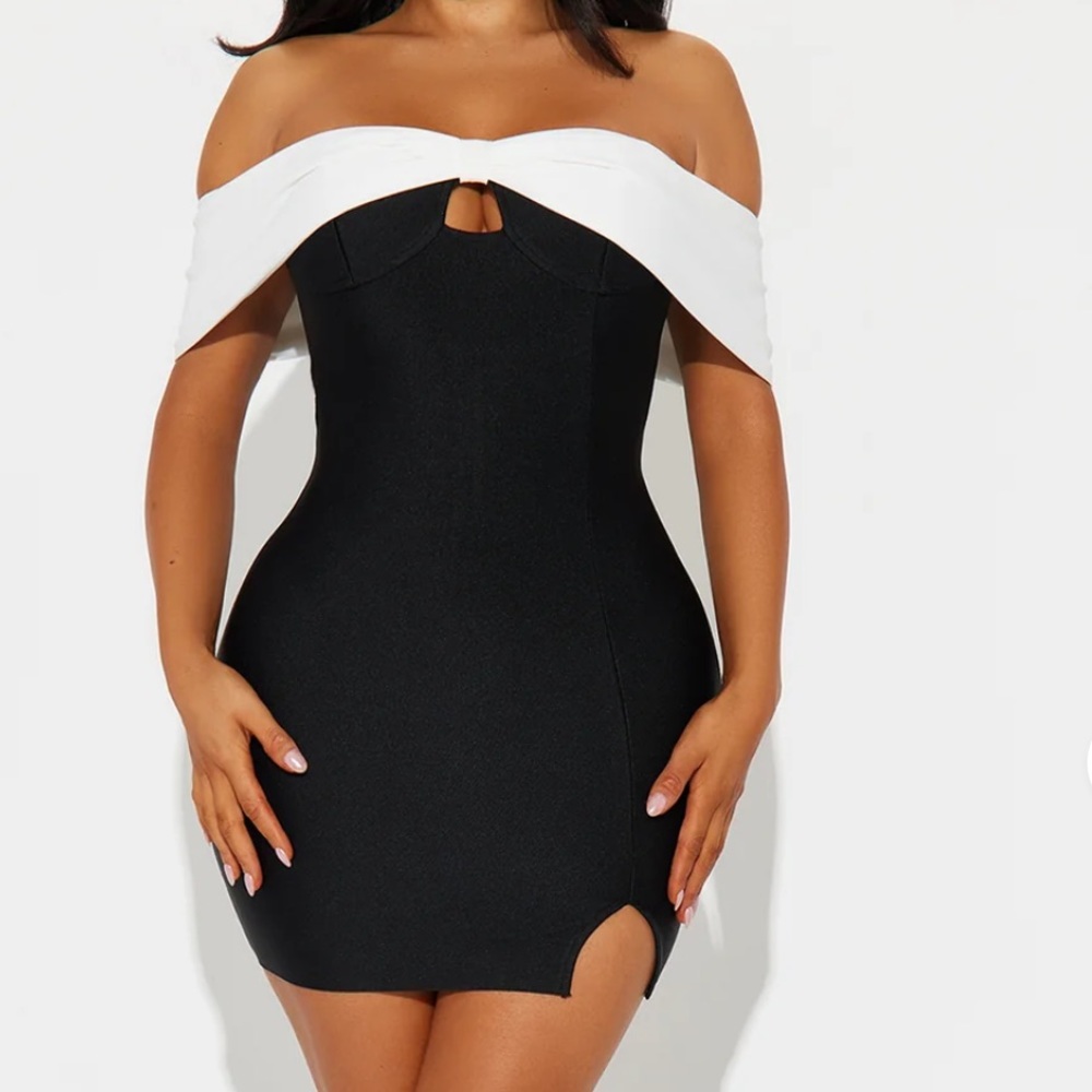 Fashion Nova Black Mini Dress with White Off-Shoulder Trim